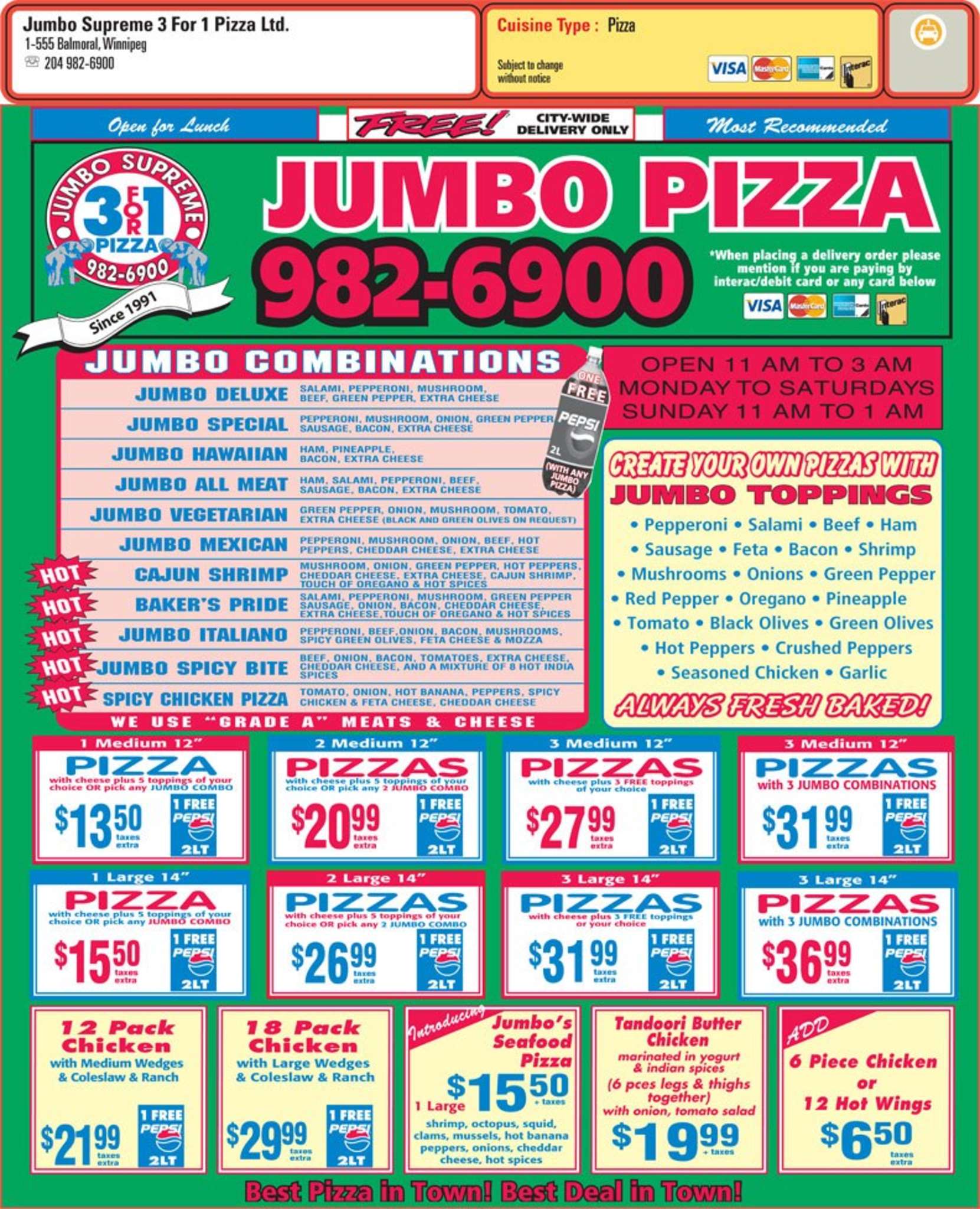 Menu at Jumbo Pizza pizzeria, Winnipeg, 555 Balmoral St