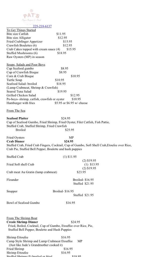 Pat's Cajun Seafood and Steak Restaurant Menu Urbanspoon/Zomato