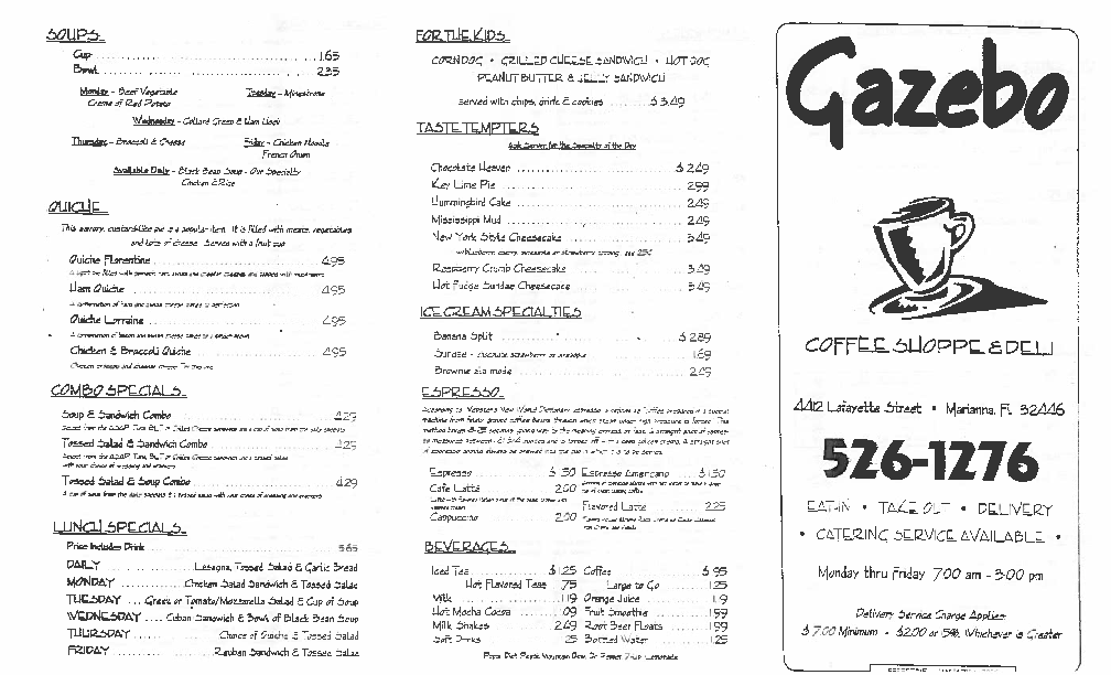 Menu at Gazebo Coffee Shoppe & Deli cafe, Marianna