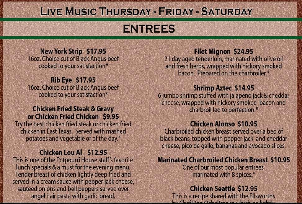 The Potpourri House Menu, Menu for The Potpourri House, Tyler, Tyler