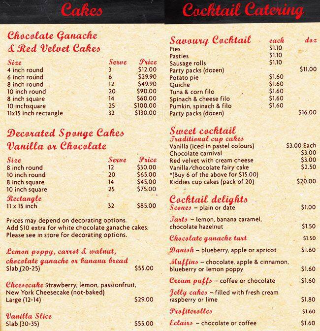 Menu at The Red Mill Bakehouse cafe, Hectorville