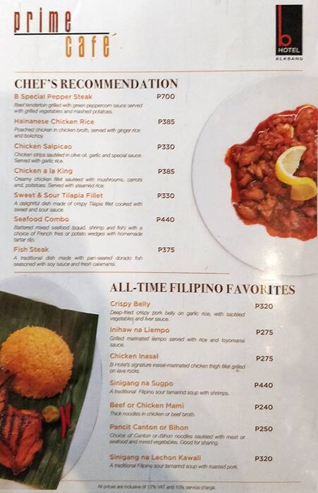 Menu At Prime Cafe - B Hotel Alabang, Muntinlupa