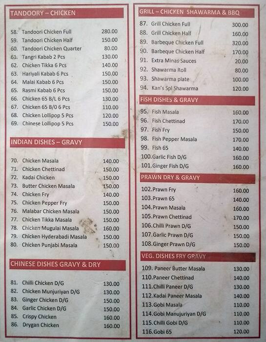 Menu at Kans Biryani, Chennai