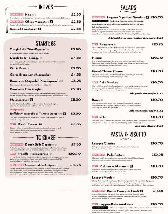 Pizza Express Printable Menu