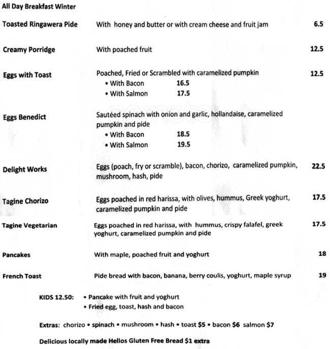 Delight Cafe Menu, Menu for Delight Cafe, Waiheke Island, Auckland
