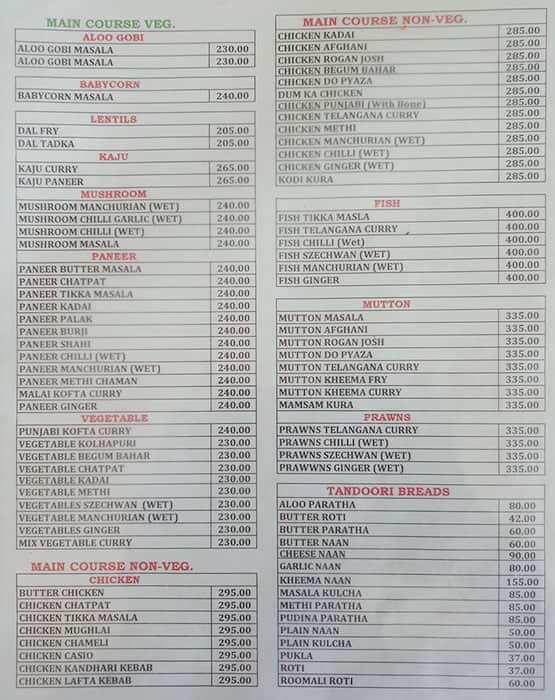 Amaravathi Family Restaurant and Bar menu