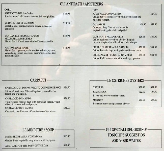 Alfredo Menu, Menu v reštaurácii Alfredo, Circular Quay, Sydney