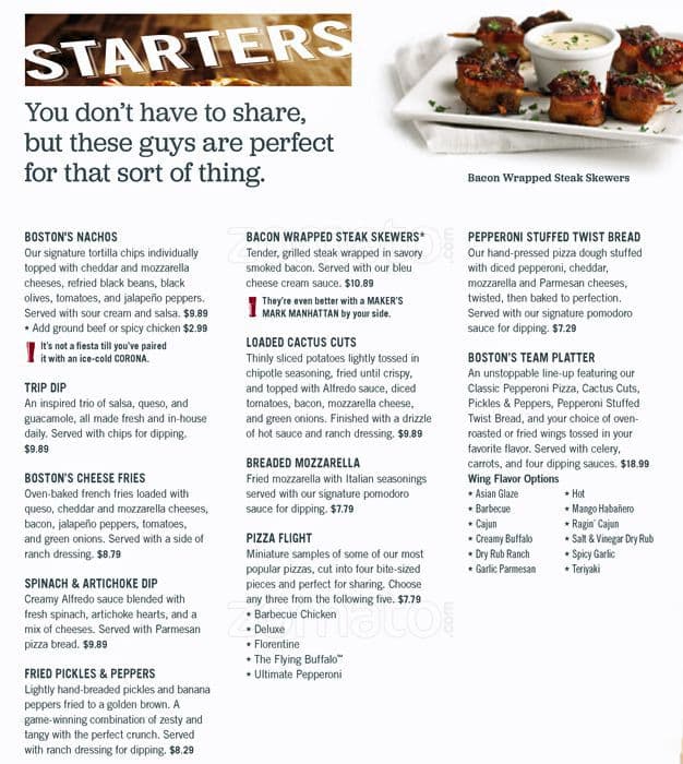 Boston's Menu, Menu for Boston's, Mill Creek, Mill Creek Urbanspoon