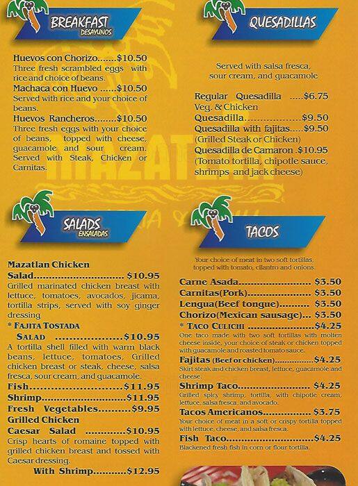 Menu at Mazatlan Restaurant, Hercules