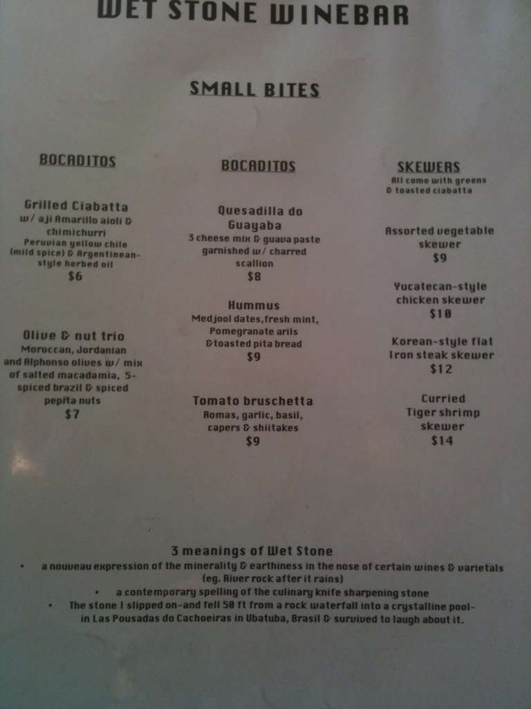 Wet Stone Wine Bar Cafe Menu