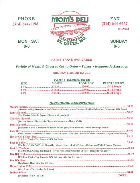 Menu at Mom's Deli restaurant, St. Louis