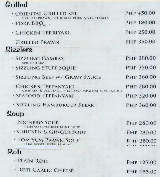 Menu at Oriental Spoon restaurant, LapuLapu City