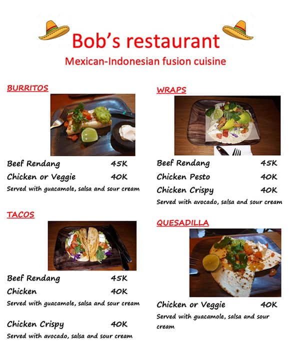 Bob's Restaurant Menu, Menu For Bob's Restaurant, Kuta, Bali 