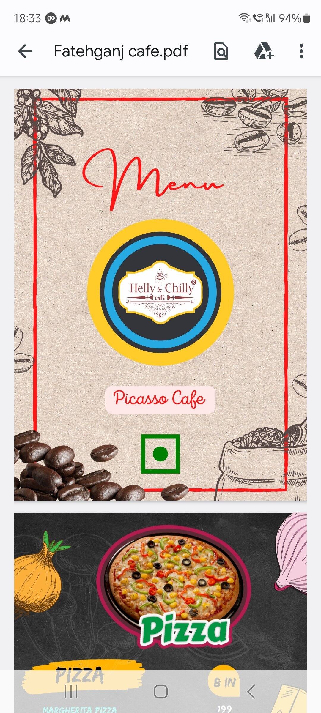 Menu at Picasso cafe, Vadodara