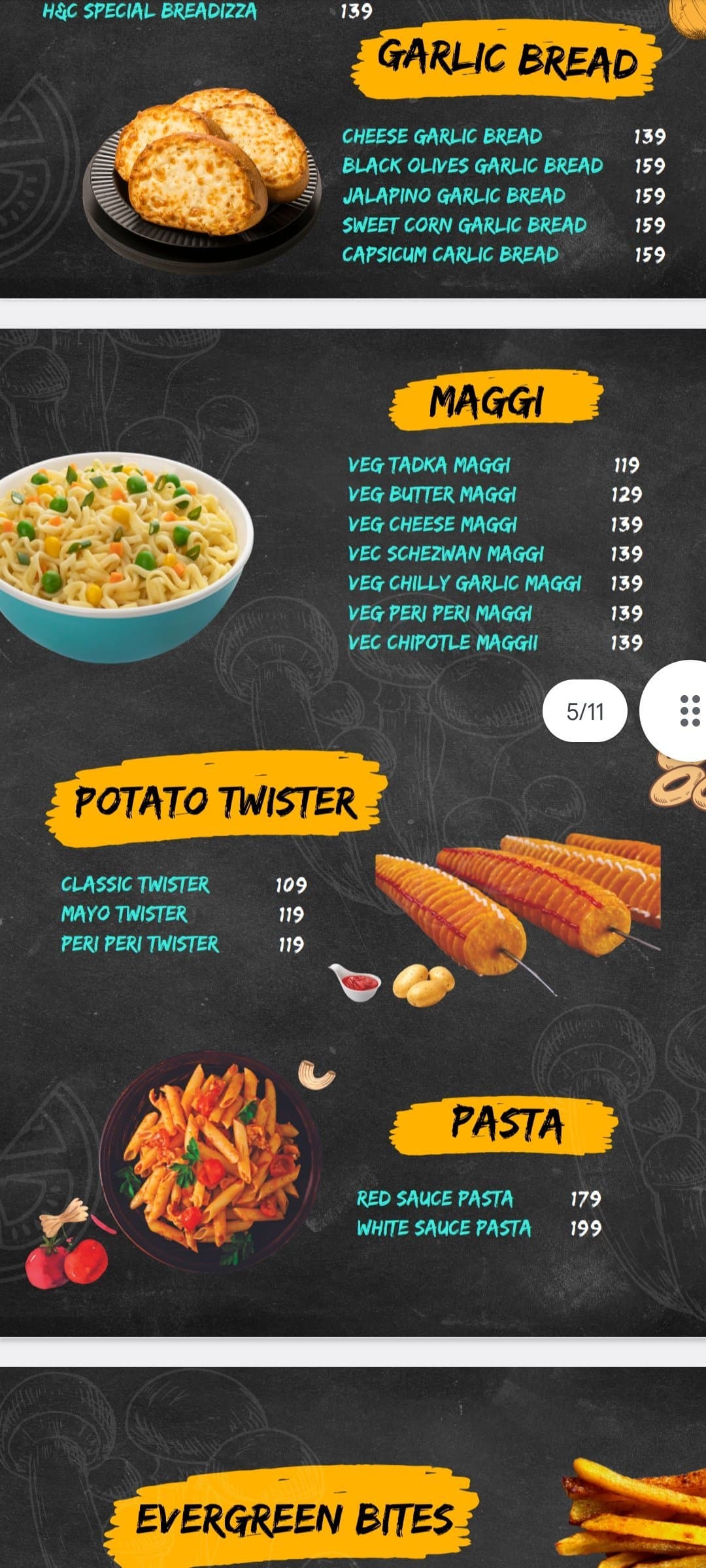 Menu at Picasso cafe, Vadodara