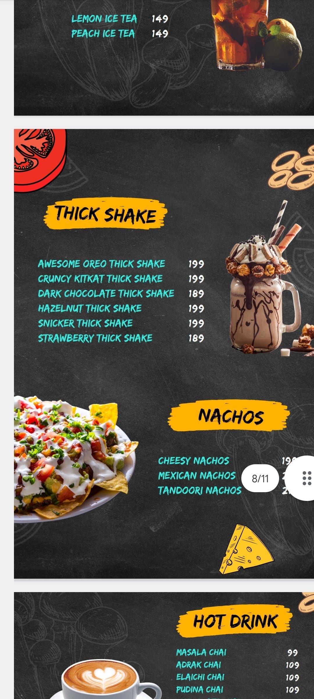 Menu at Picasso cafe, Vadodara