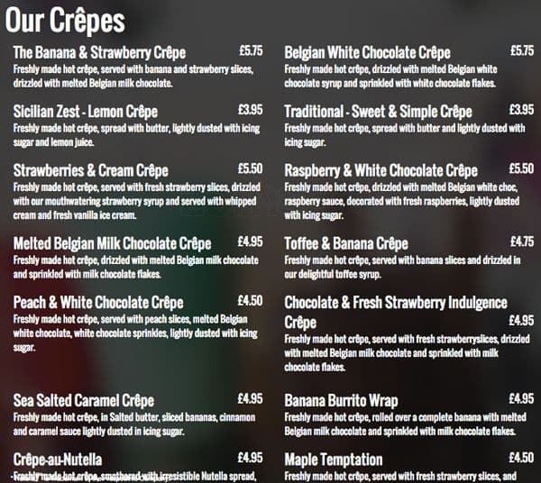 Menu at Creams desserts, London, London Rd