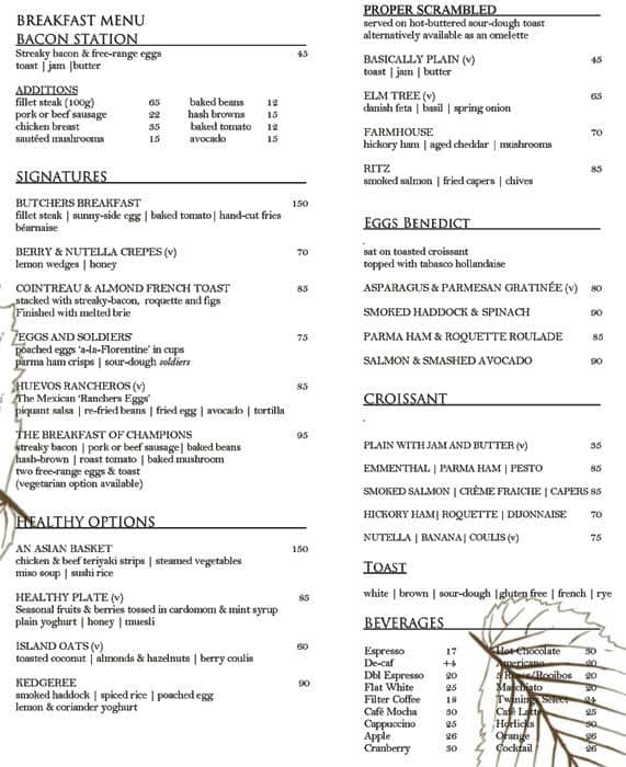 The Elm Tree The Syrene Hotel Menu Zomato SA