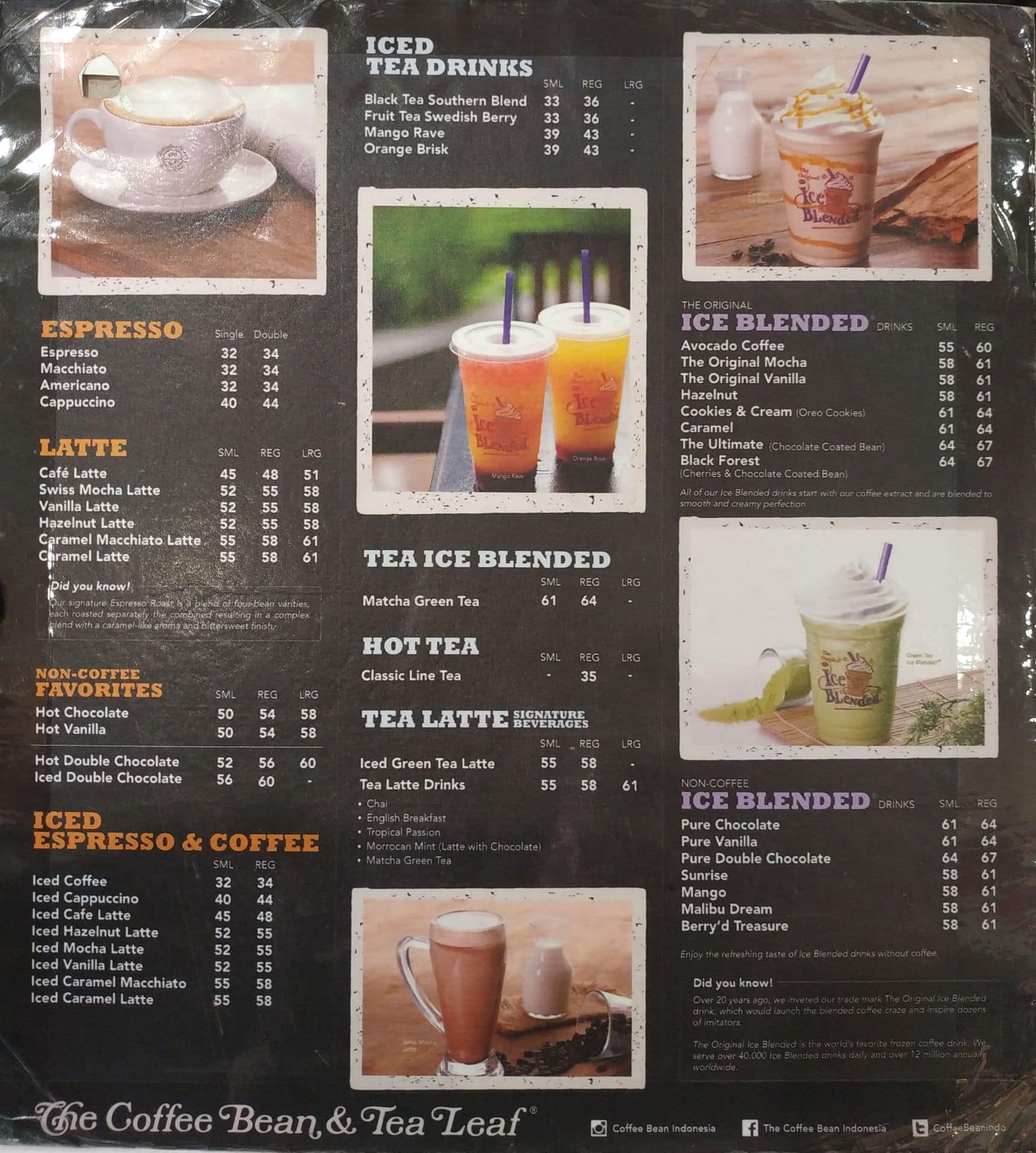 Menu at The Coffee Bean & Tea Leaf cafe, Jakarta, Jl. Kemang Raya No.8