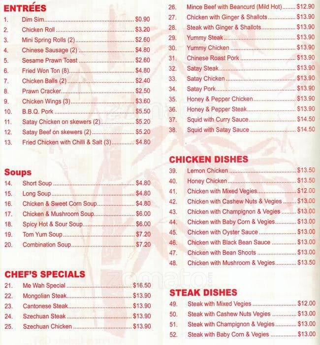 Me Wah Chinese Take Away Food Menu Urbanspoon/Zomato