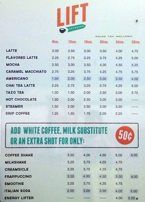 Lift Espresso Menu, Menu for Lift Espresso, Enumclaw, Enumclaw