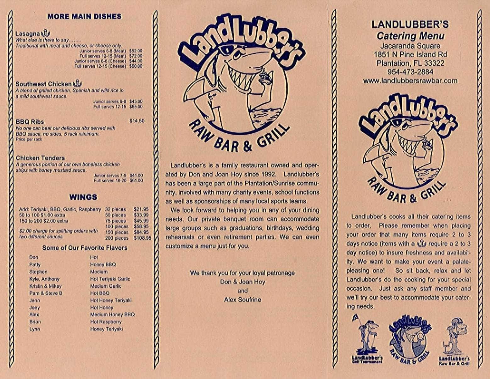 Menu at LandLubber's Raw Bar & Grill, Plantation, N Pine Island Rd