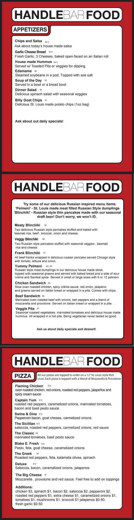 HandleBar Menu, Menu for HandleBar, The Grove, St. Louis Urbanspoon