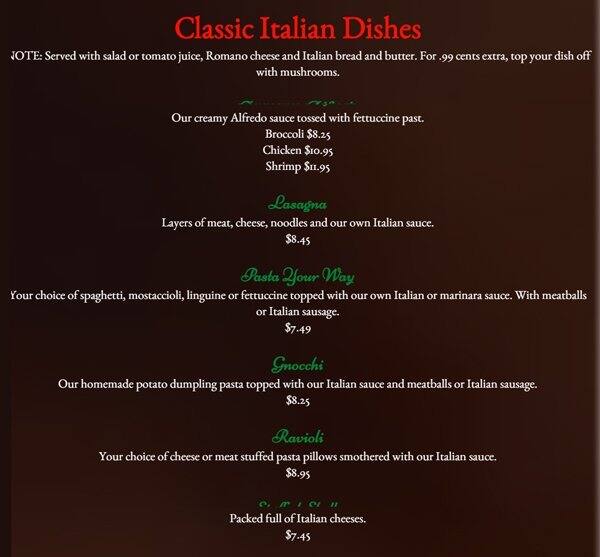 Menu at Infusino's Pizzeria, Racine, Washington Ave