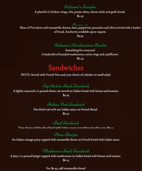 Menu at Infusino's Pizzeria, Racine, Washington Ave