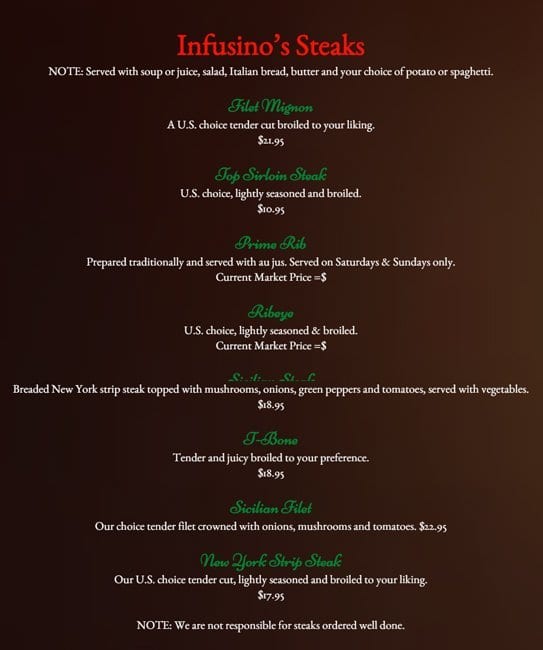 Menu at Infusino's Pizzeria, Racine, Washington Ave