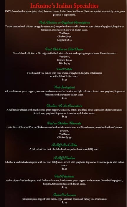 Menu at Infusino's Pizzeria, Racine, Washington Ave