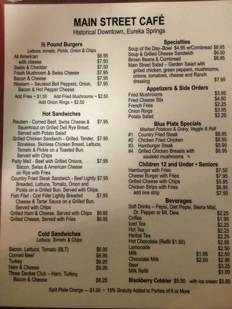 Menu at Main Street Cafe, Eureka Springs