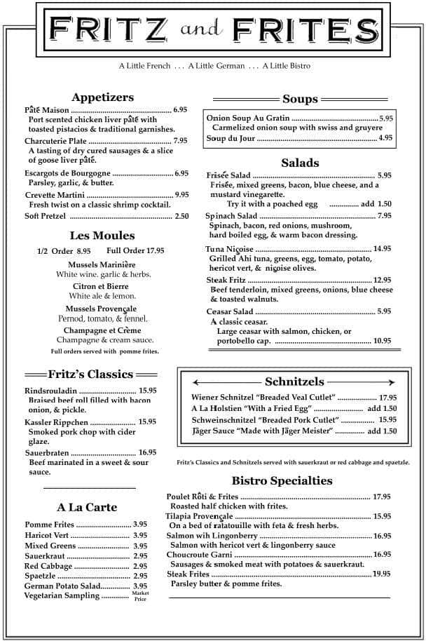 Fritz and Frites Bistro Menu, Menu for Fritz and Frites Bistro, Galena, Galena Urbanspoon/Zomato