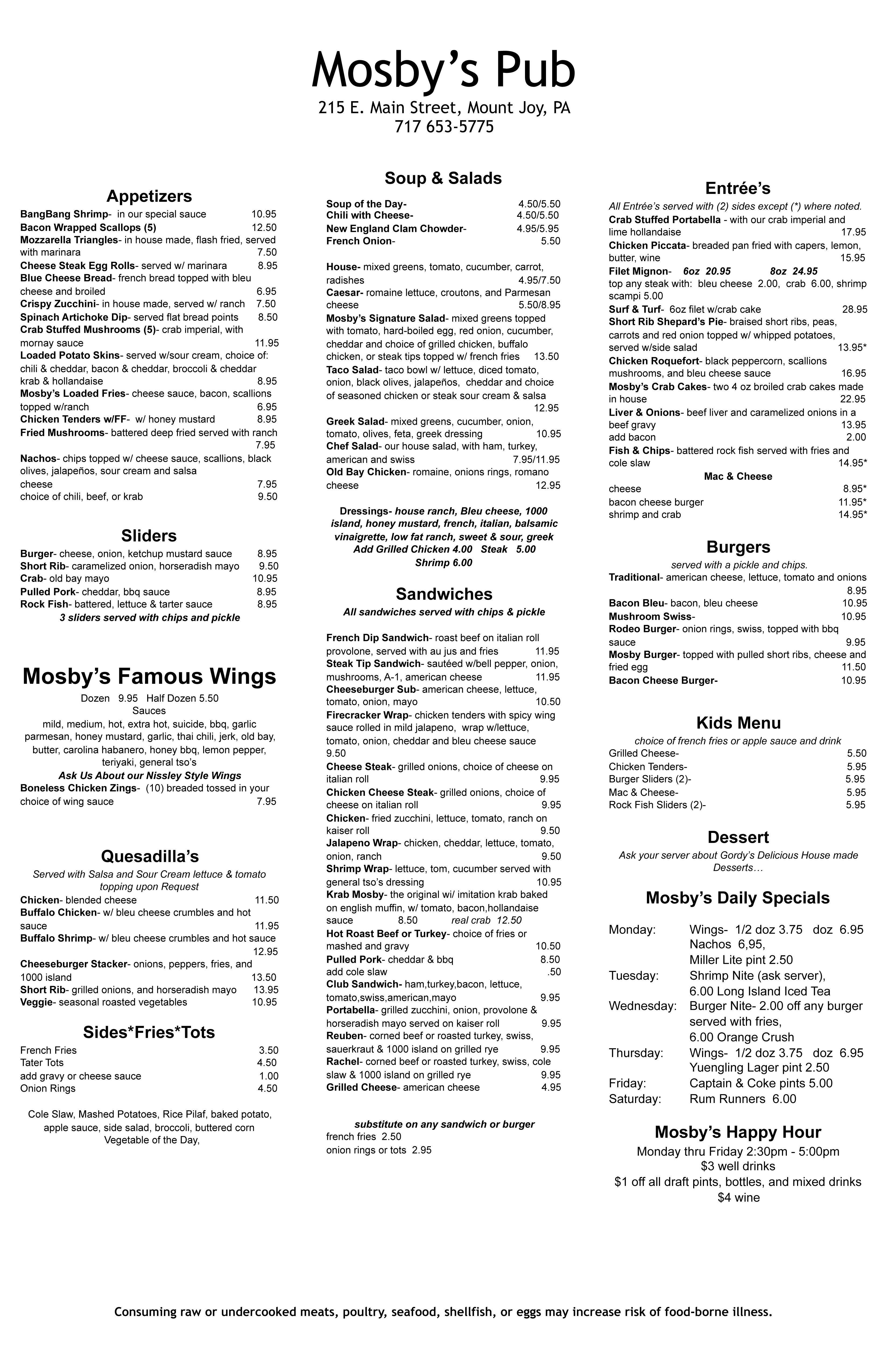 Menu at Mosby's Pub, Mount Joy