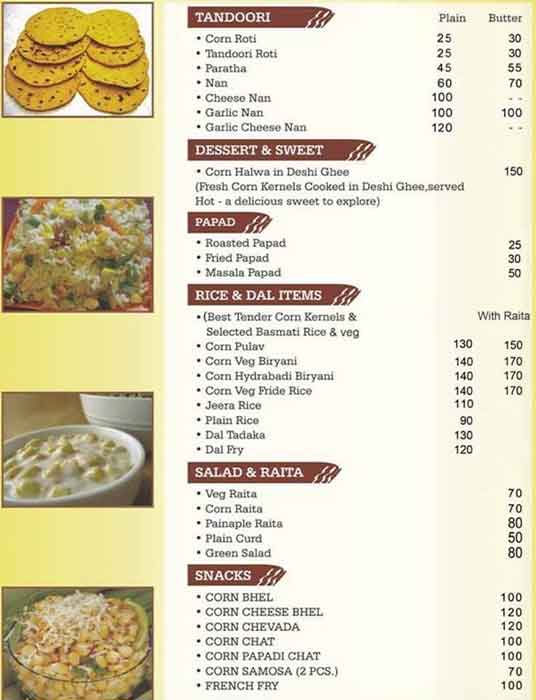 Swagat, Super Sweet Corn Restaurant menu