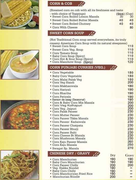 Swagat, Super Sweet Corn Restaurant menu