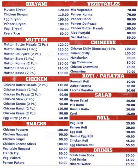 Menu at Patna Biryani, Patna, D1/201