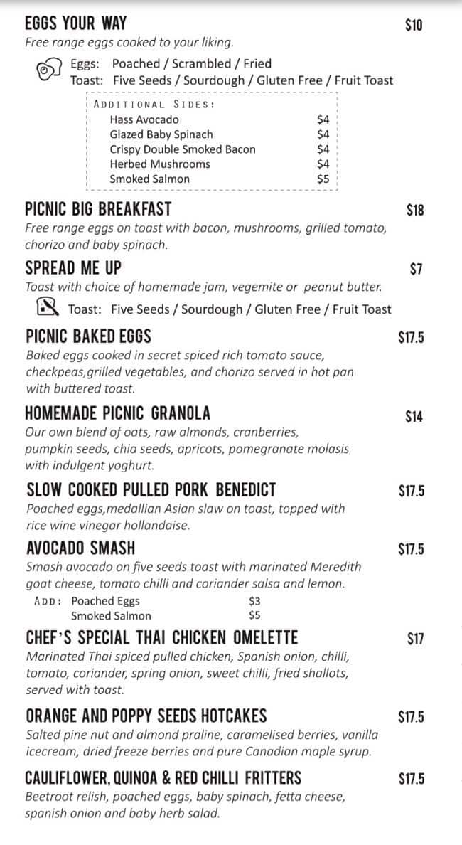 Picnic Menu, Menu for Picnic, South Yarra, Melbourne Urbanspoon/Zomato