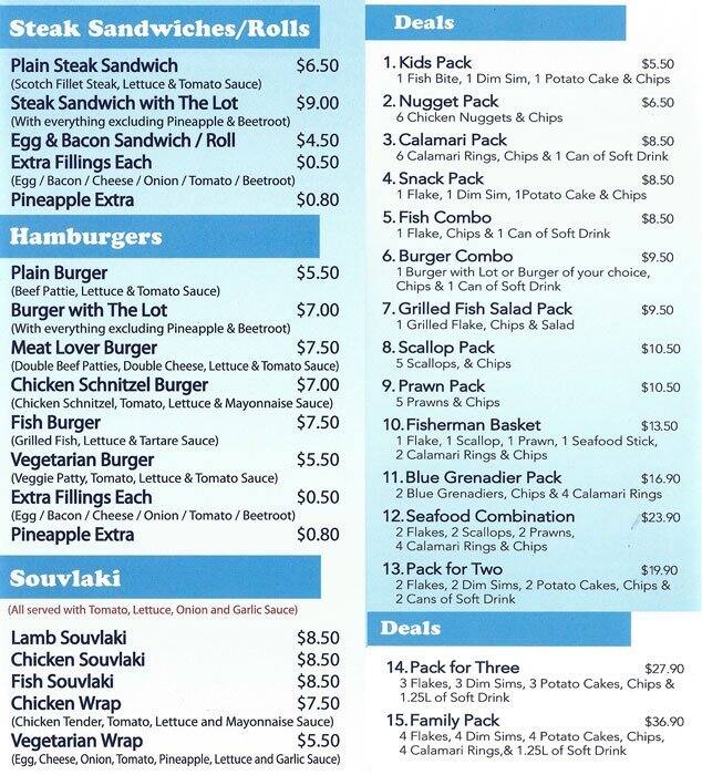 Menu at East Doncaster Seafood Supplies fast food, Doncaster East