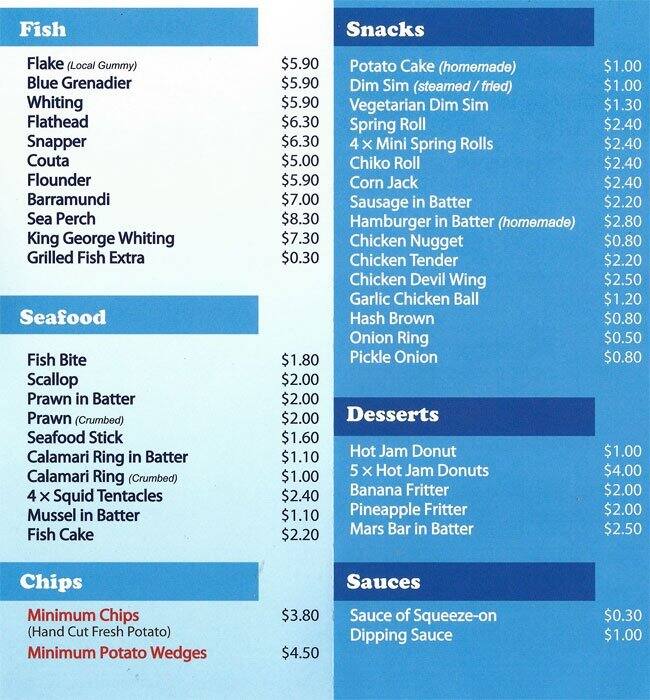 Menu at East Doncaster Seafood Supplies fast food, Doncaster East