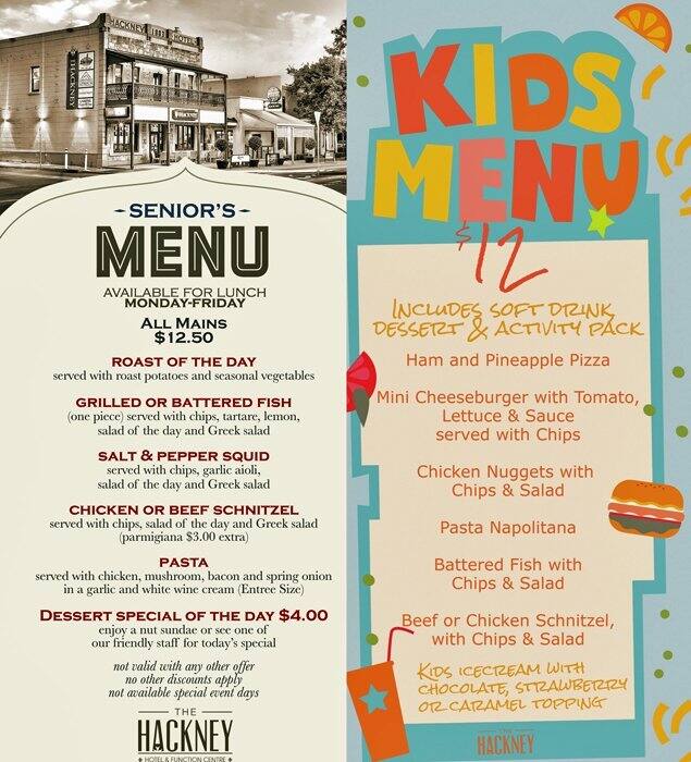 Menu at The Hackney Hotel & Function Centre restaurant, Hackney, 95