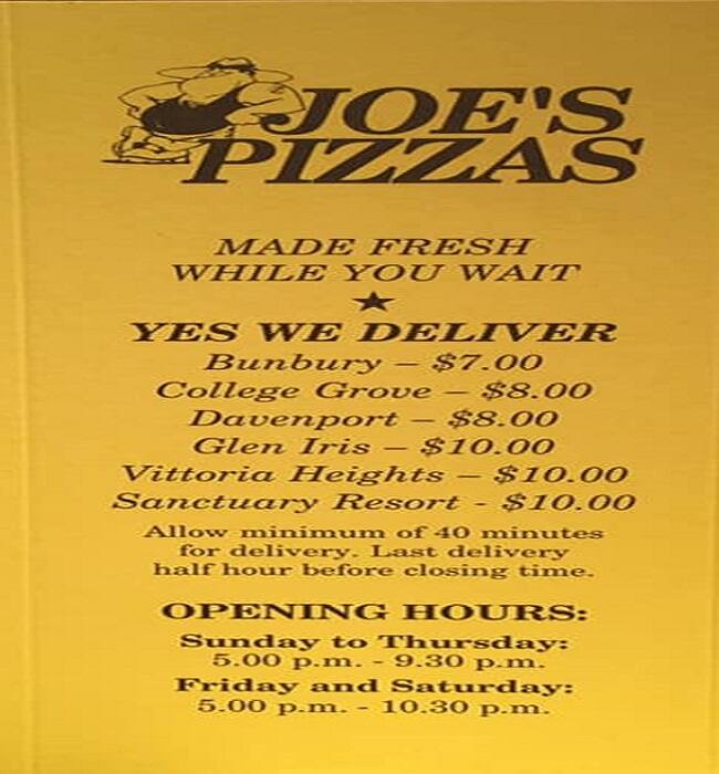 Menu at Joe's Pizza House pizzeria, Bunbury