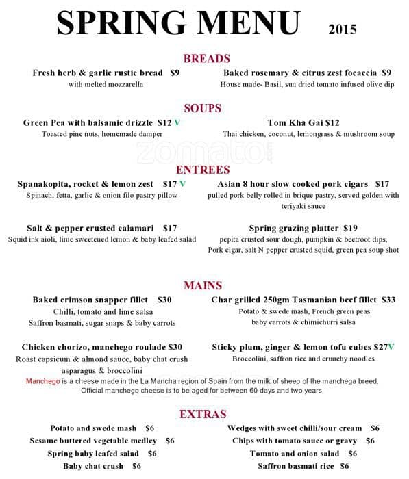 Menu at Cascades Restaurant, Goulburn