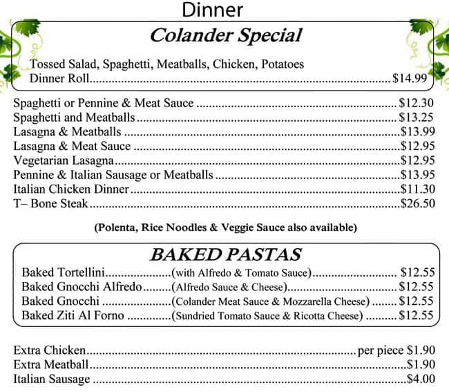 colander restaurant menu