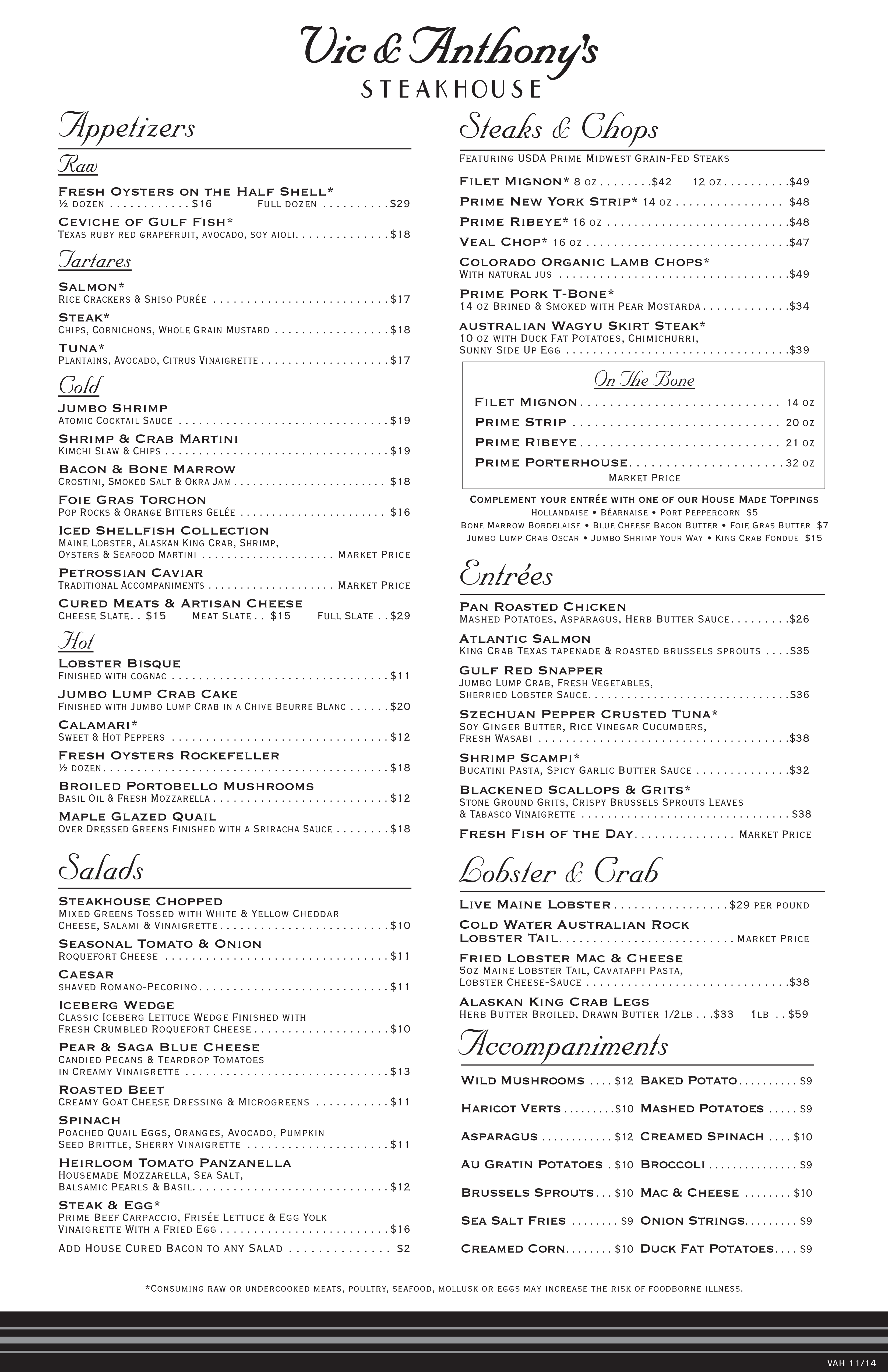 Vic & Anthony's Steakhouse Menu - Urbanspoon/Zomato