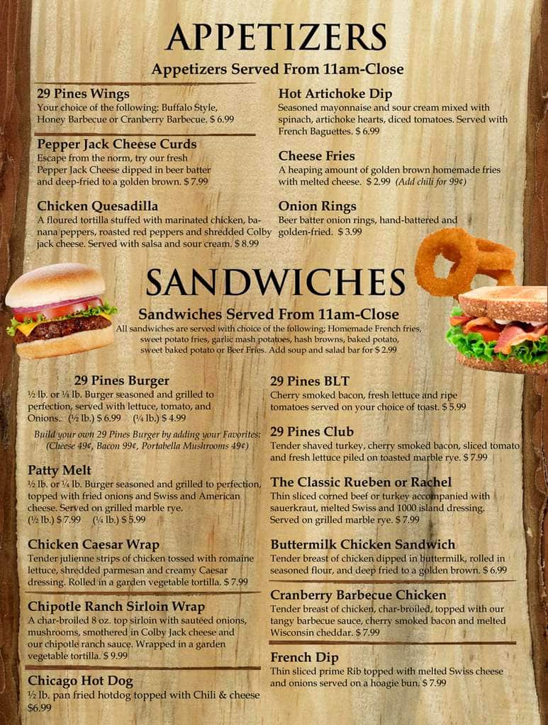 Menu at 29 Pines restaurant, Eau Claire