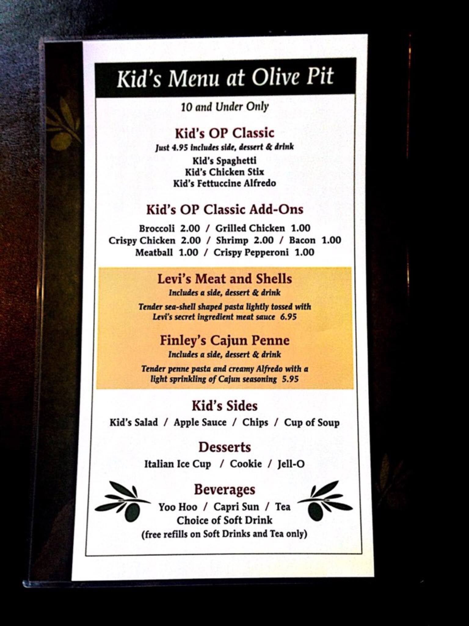 Menu at Olive Pit A Pasta House restaurant, Paris