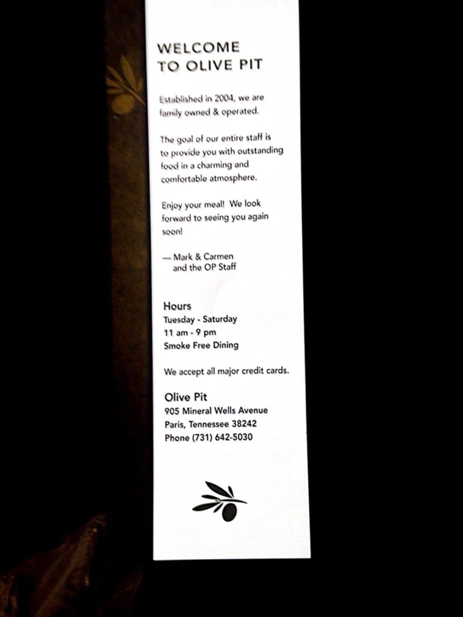 Menu at Olive Pit A Pasta House restaurant, Paris