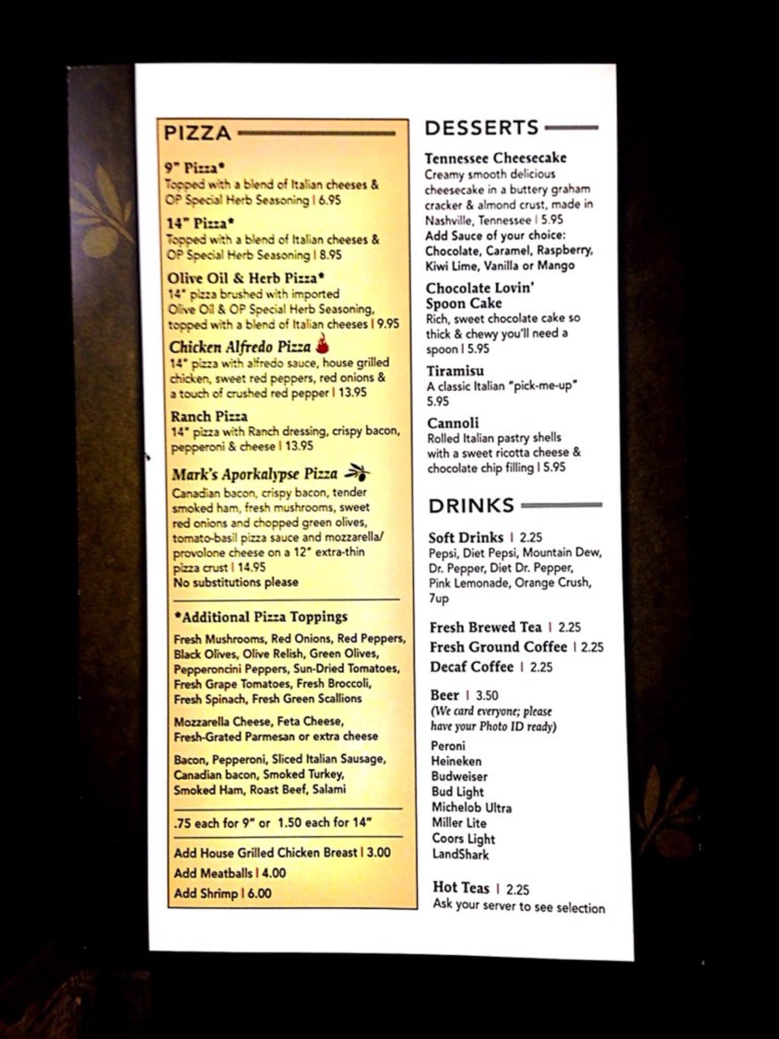 Menu at Olive Pit A Pasta House restaurant, Paris