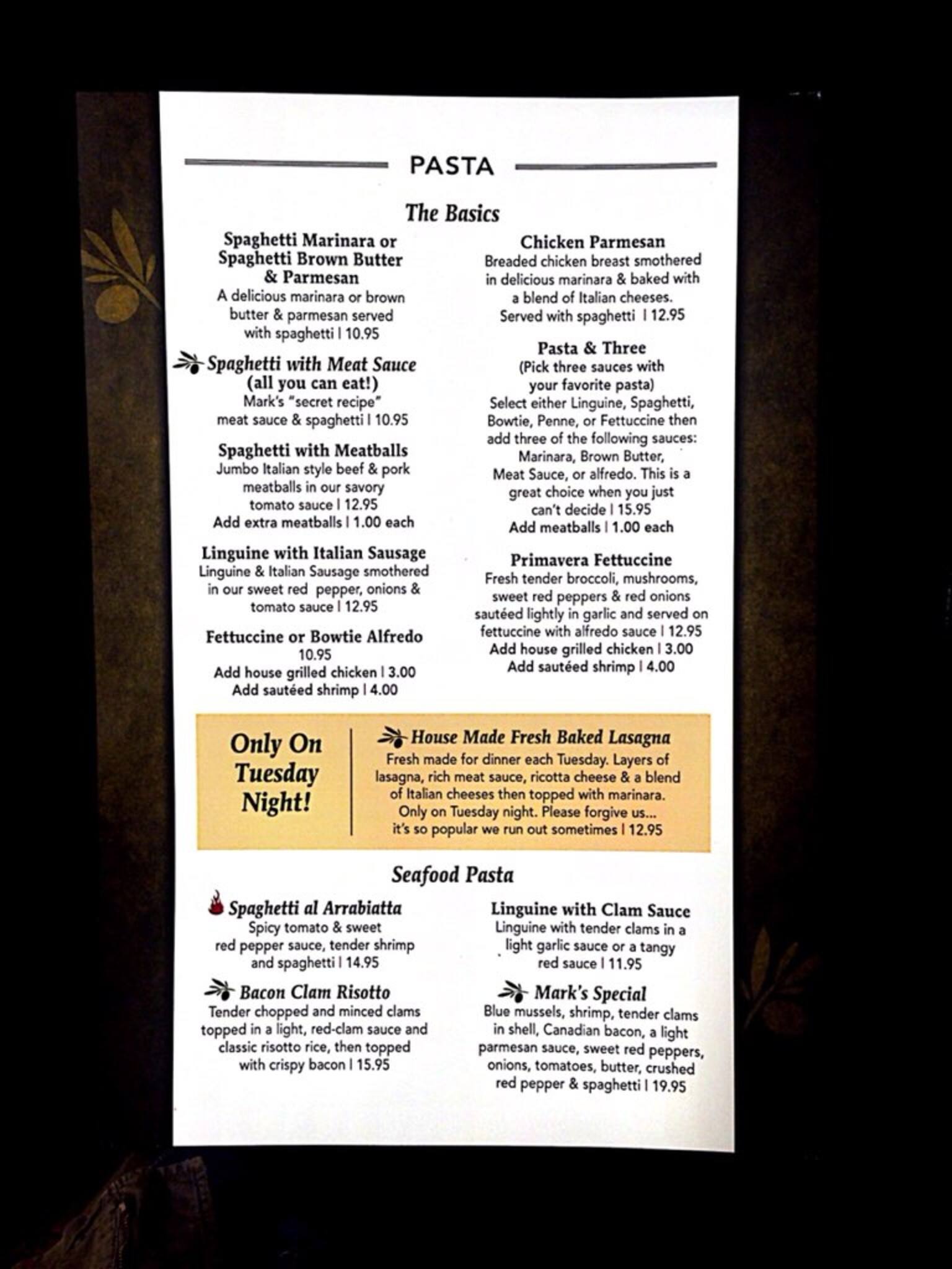 Menu at Olive Pit A Pasta House restaurant, Paris